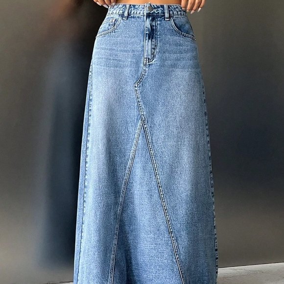 Blue Casual Womens High Waist Raw Hem Maxi Denim Skirt - Picture 5 of 5